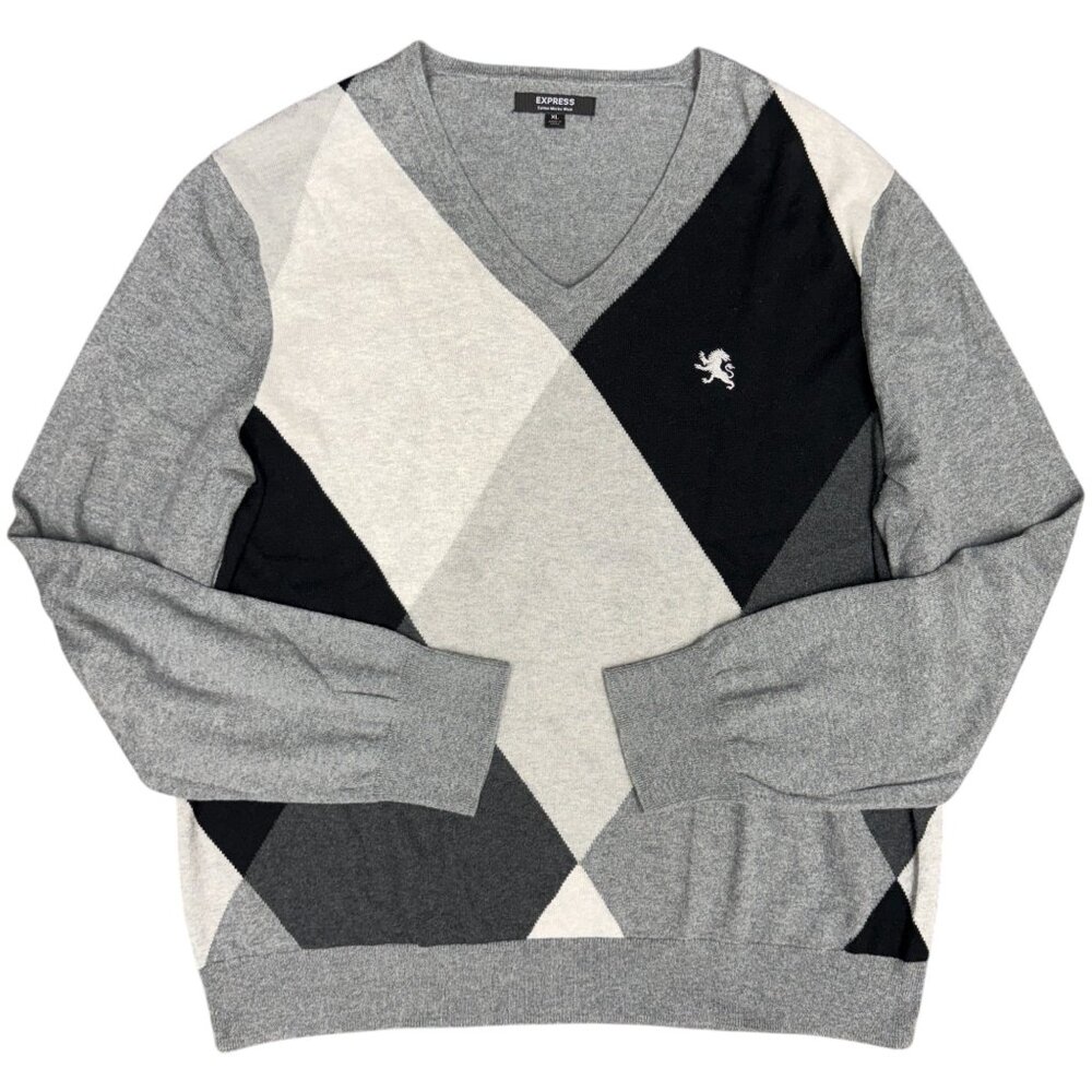 EUC Men's EXPRESS Argyle V Neck Cotton/Merino Blend Sweater | Size XL